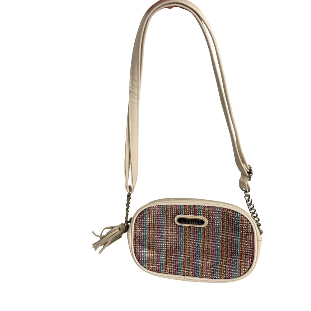 Justice Girls Rainbow Rhinestone Crossbody Bag White Faux Leather Tassel Sparkle